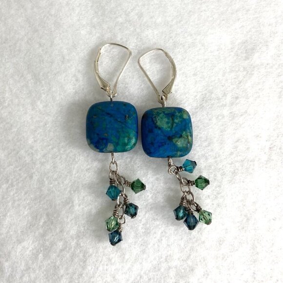 Sterling Silver 925 Square Azurite Bi-Cone Beaded Leverback Dangle Earrings - Picture 3 of 12